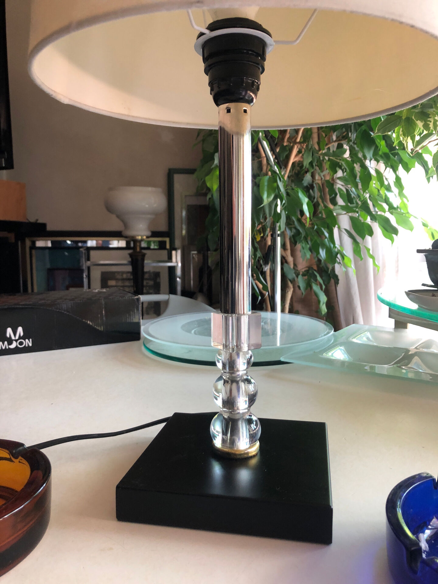 Silver-plated metal lamp base with crystal.