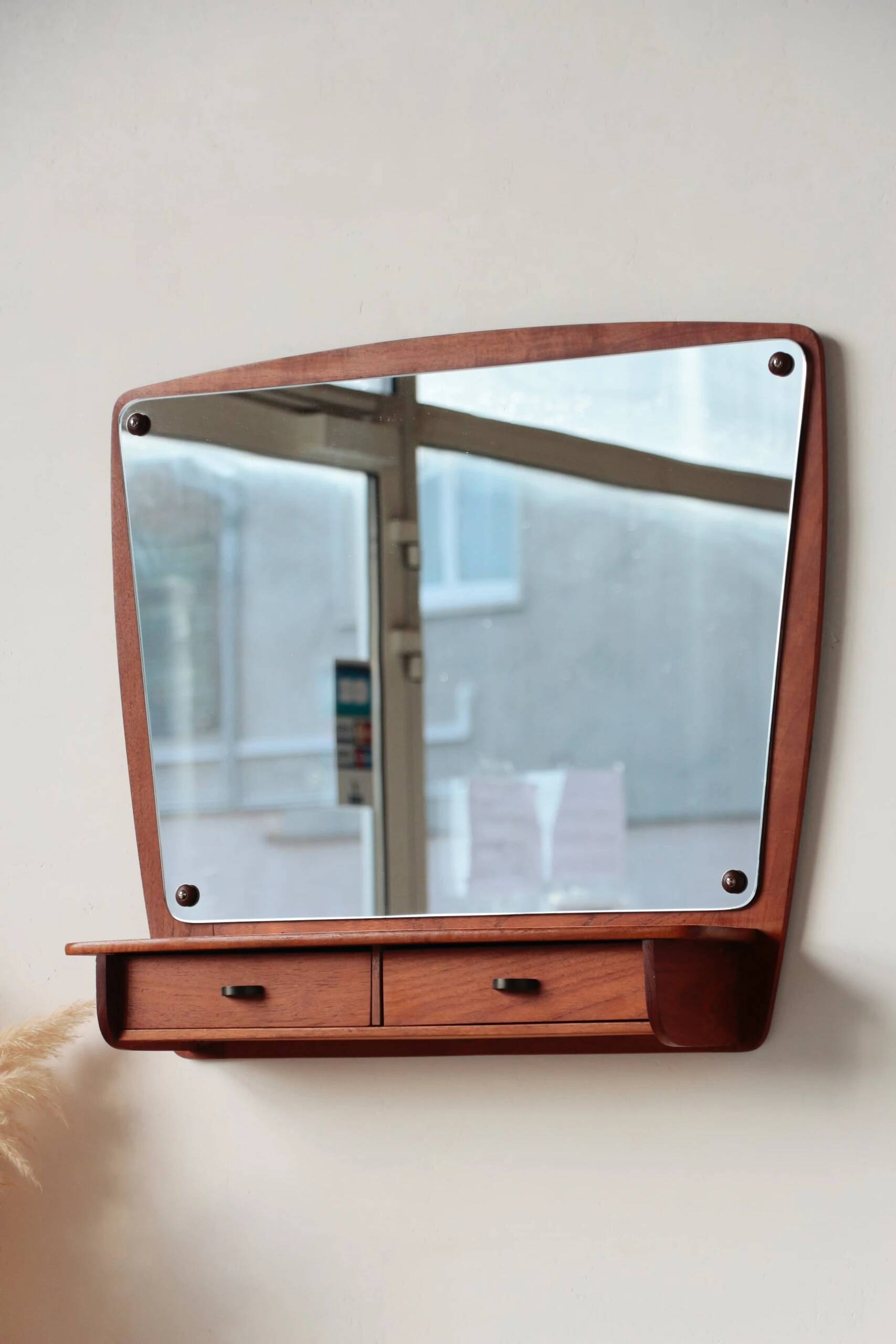 Scandinavian wall mirror in teak with drawers – mid-century Danish design