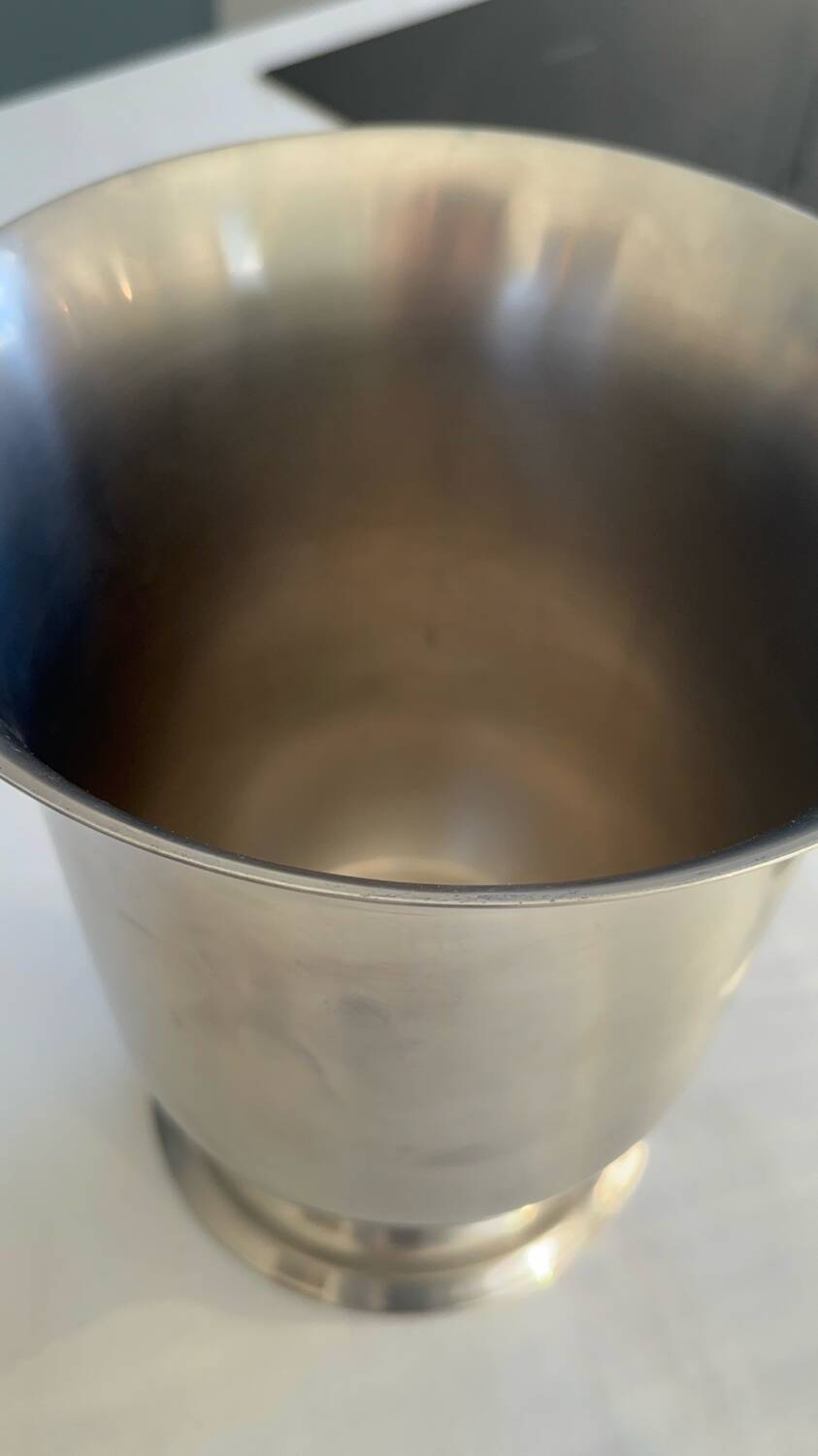 Stainless steel champagne bucket signed Guy Degrenne, antique metal decoration -