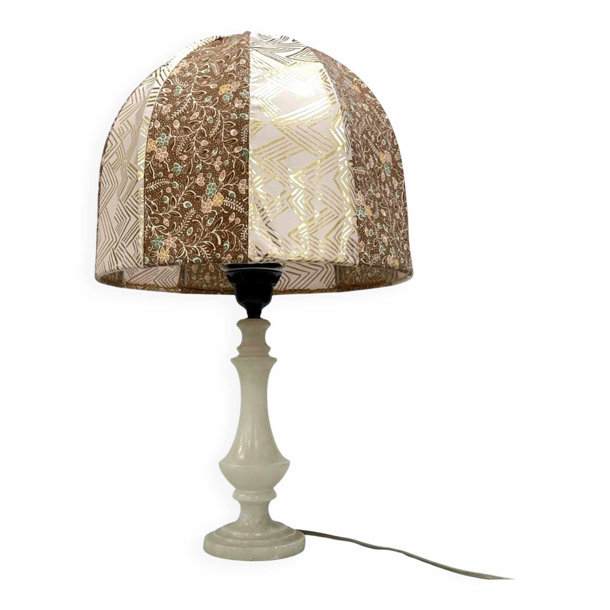 Italian vintage alabaster/onyx table lamp, hand-sewn shade, 1960s.