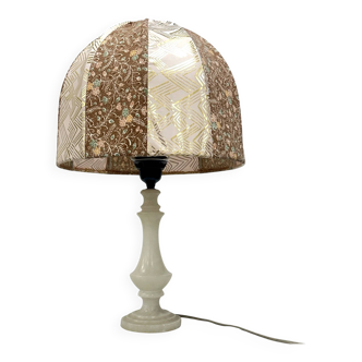 Italian vintage alabaster/onyx table lamp, hand-sewn shade, 1960s.
