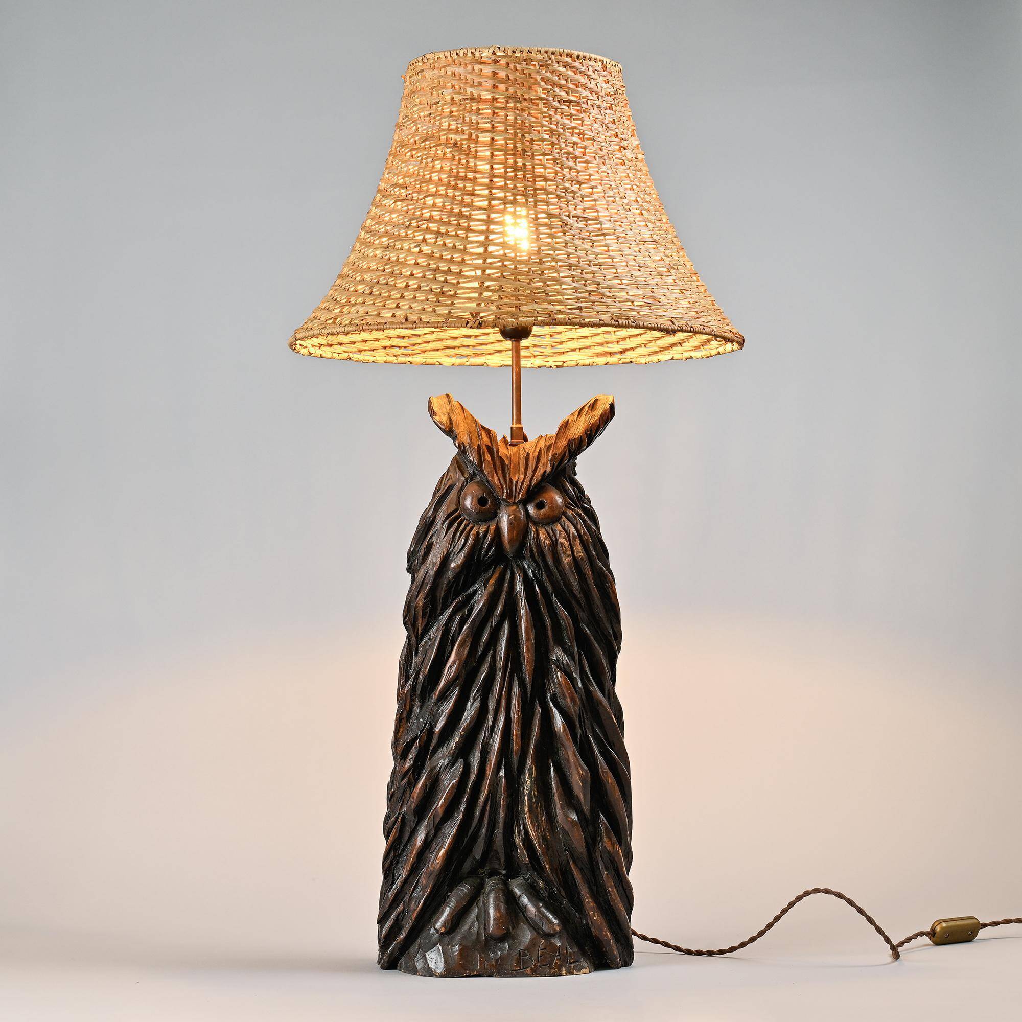 Owl table lamp in carved wood by BEAL, circa 1970.