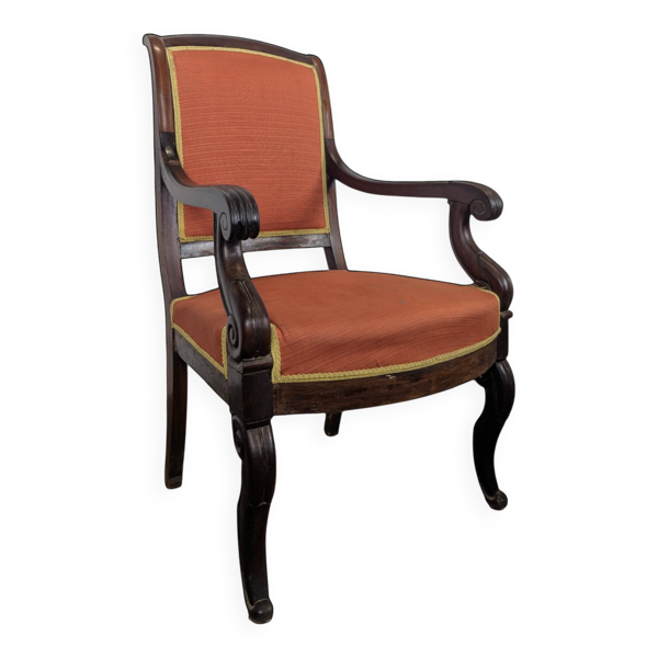 Fauteuil Restauration en acajou accotoirs à crosses tissu orange