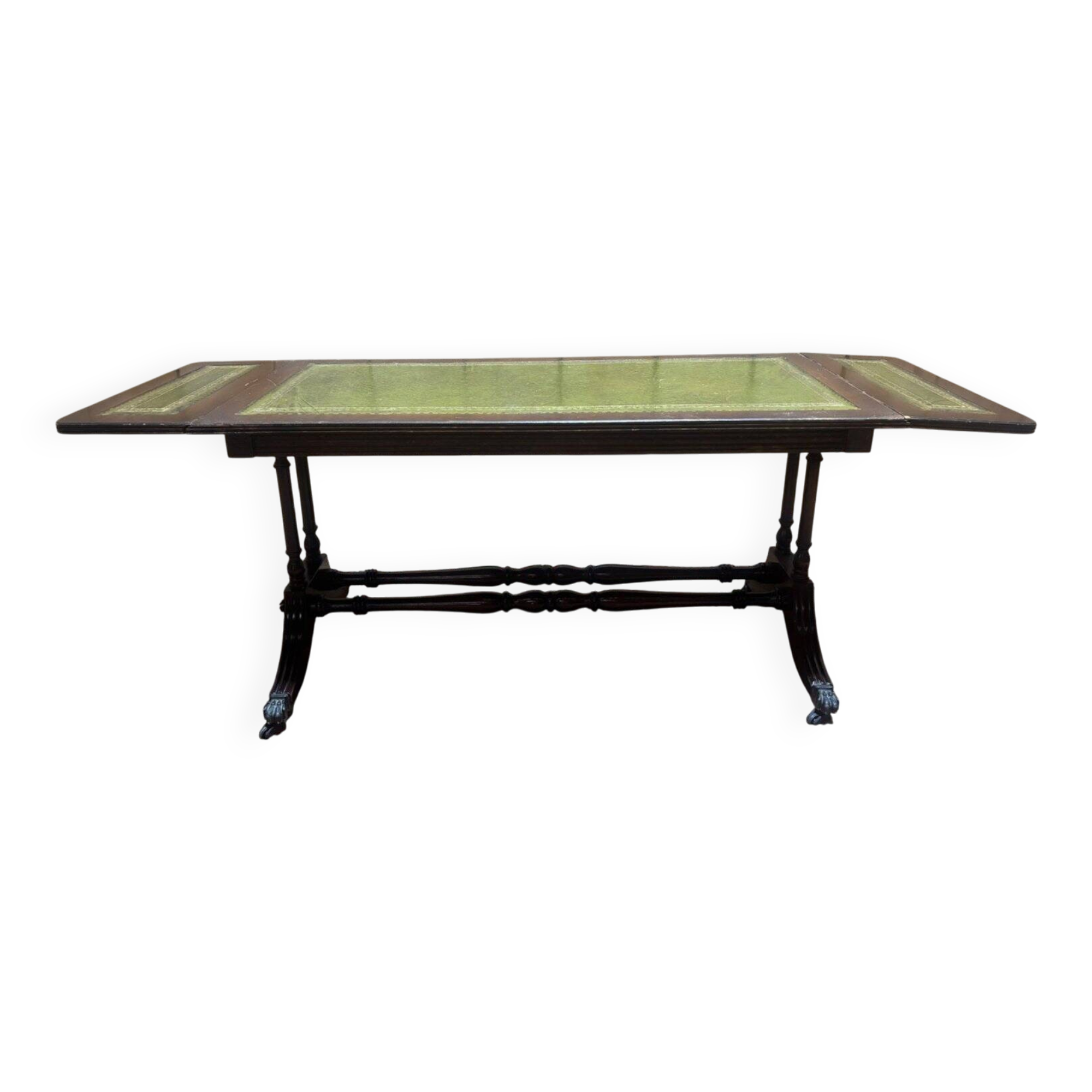 English Regency coffee table, mahogany & green stamped leather with gold.