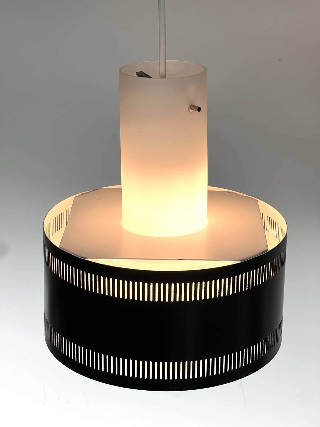 Scandinavian opaline and lacquered metal pendant light from the 50s.