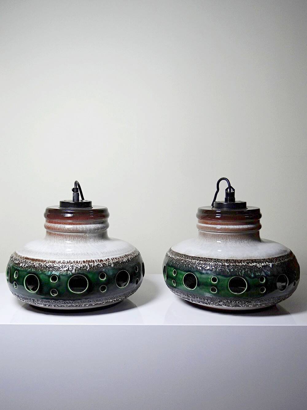 Pair of large Herda pendant lights in glazed ceramic, 1970s