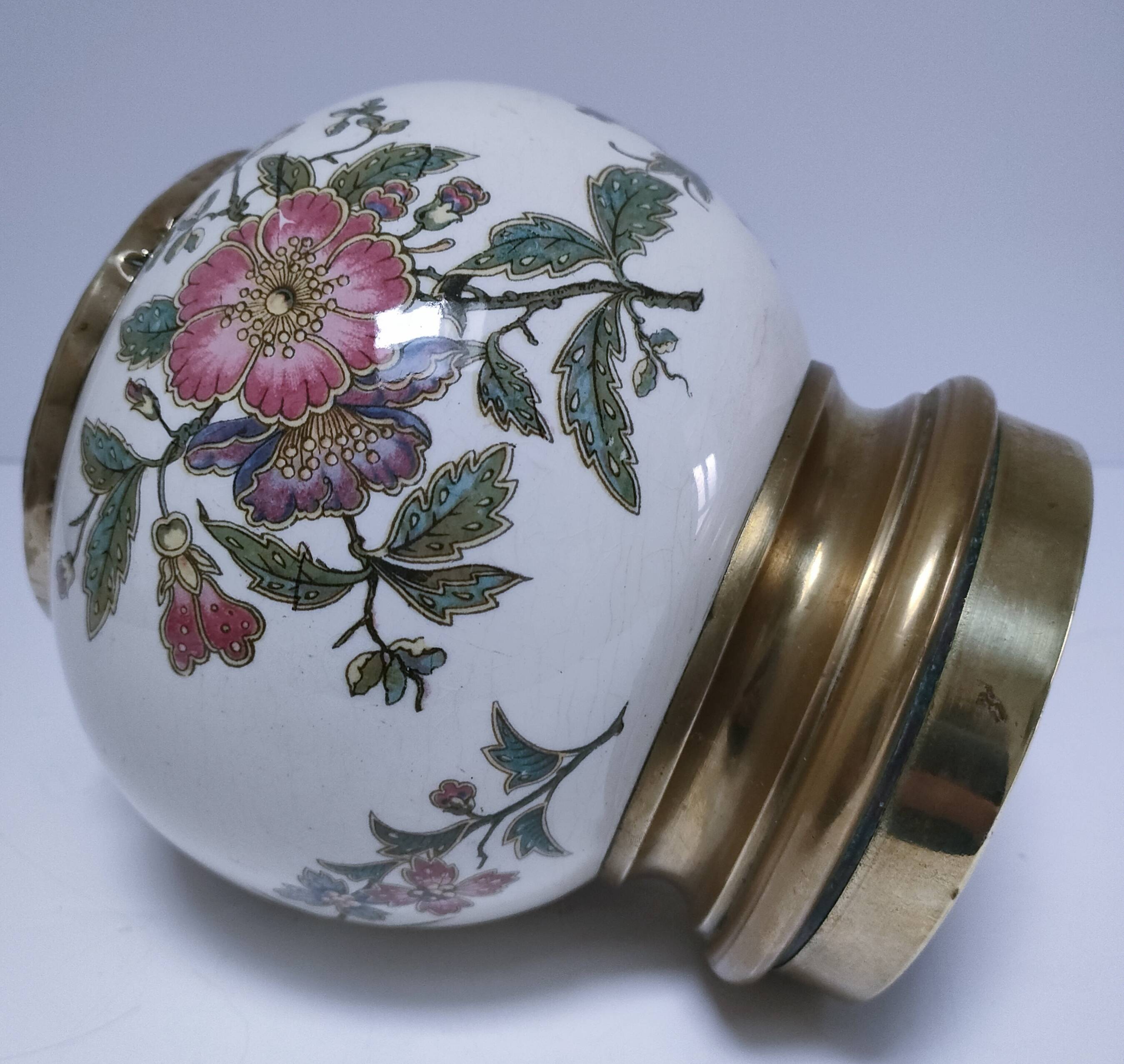 round vase earthenware brass decorated with flowers and insects early 20th century