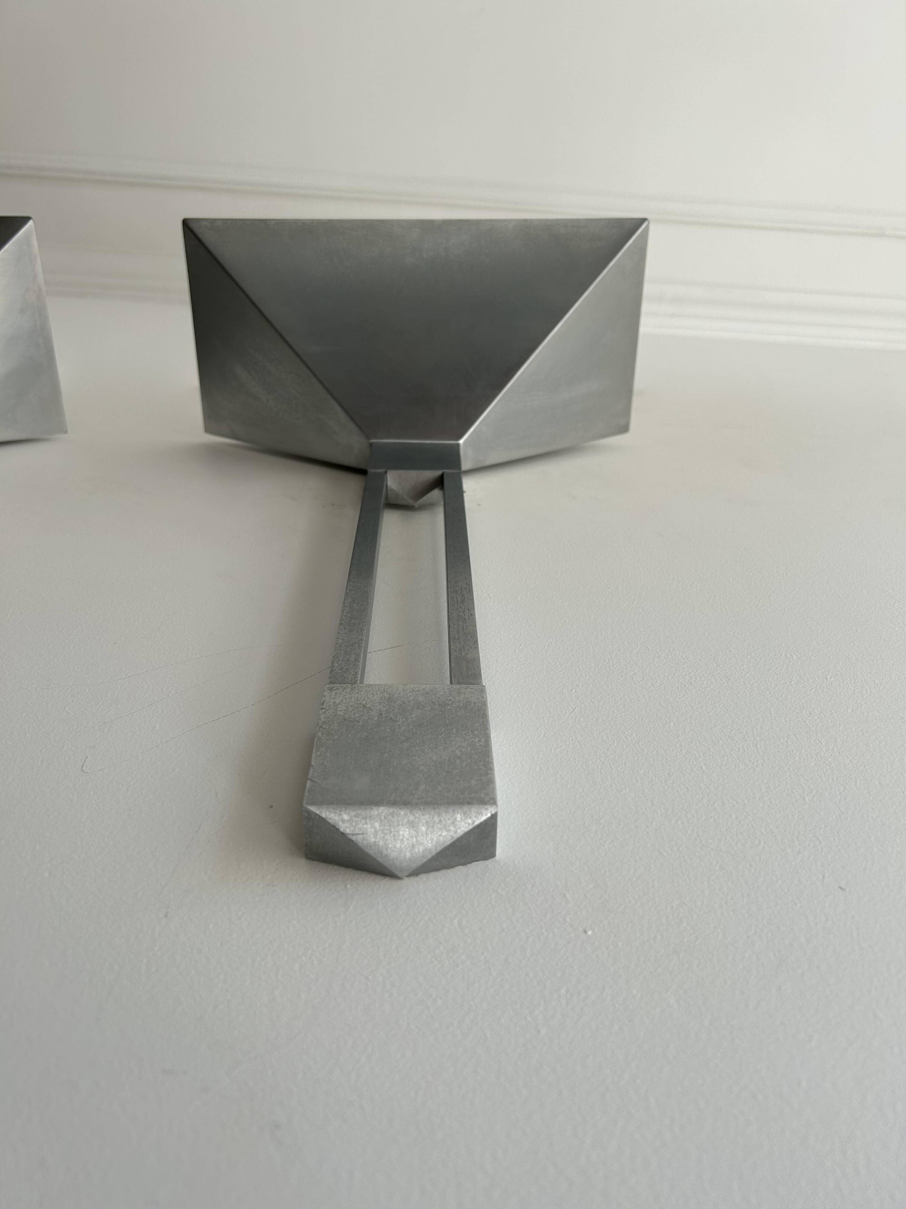 Pair of vintage geometric Vereinigte Werksatten wall lights, solid aluminum, Germany 1970s
