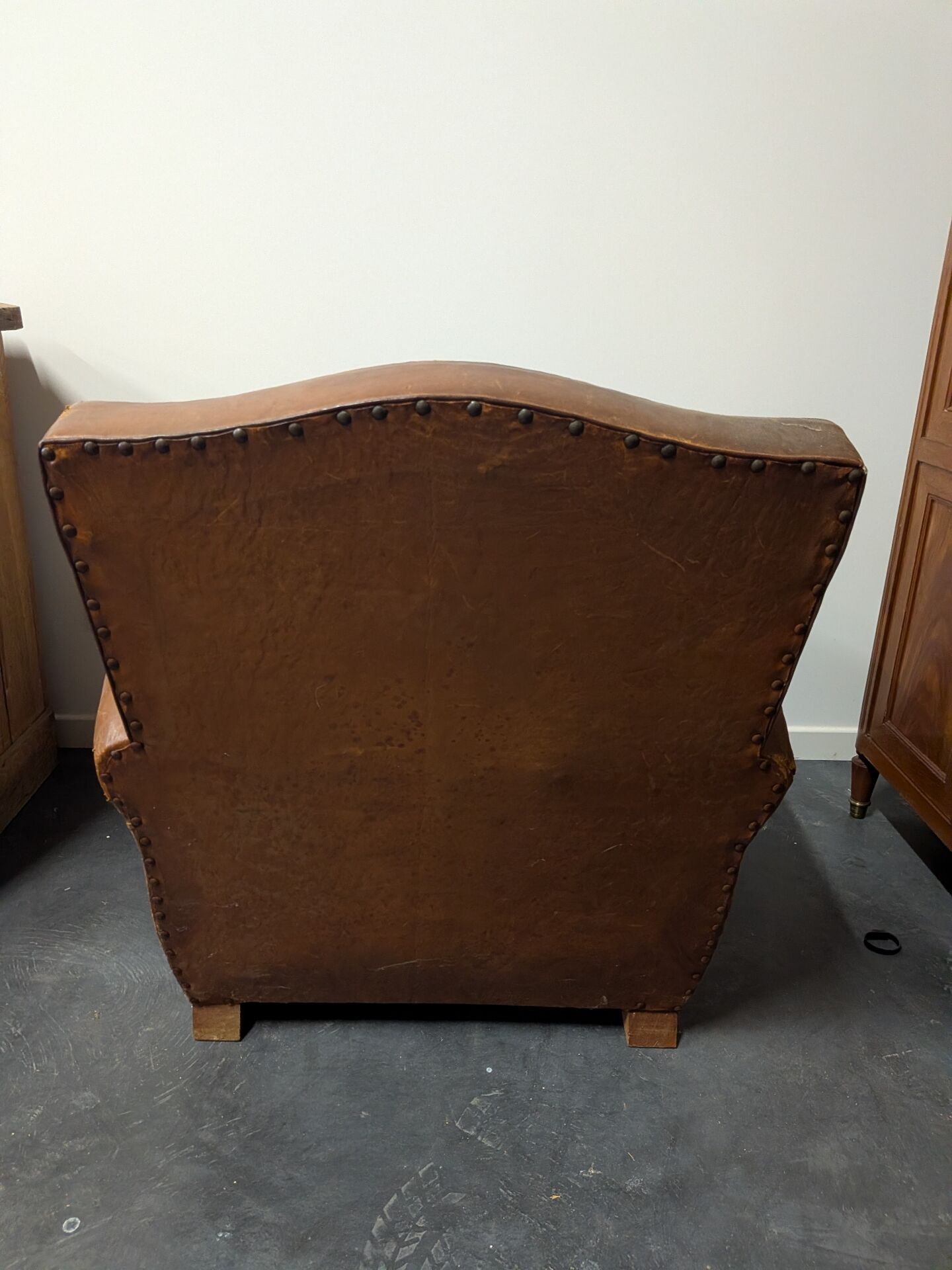Pair of moustache club armchairs in leather, France, 1930s — to be restored.