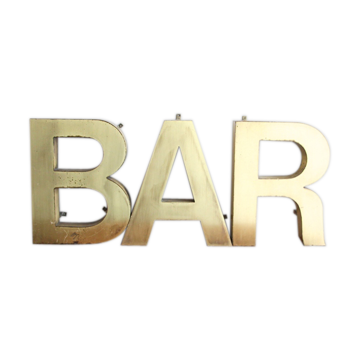 Old brass sign letters, word BAR