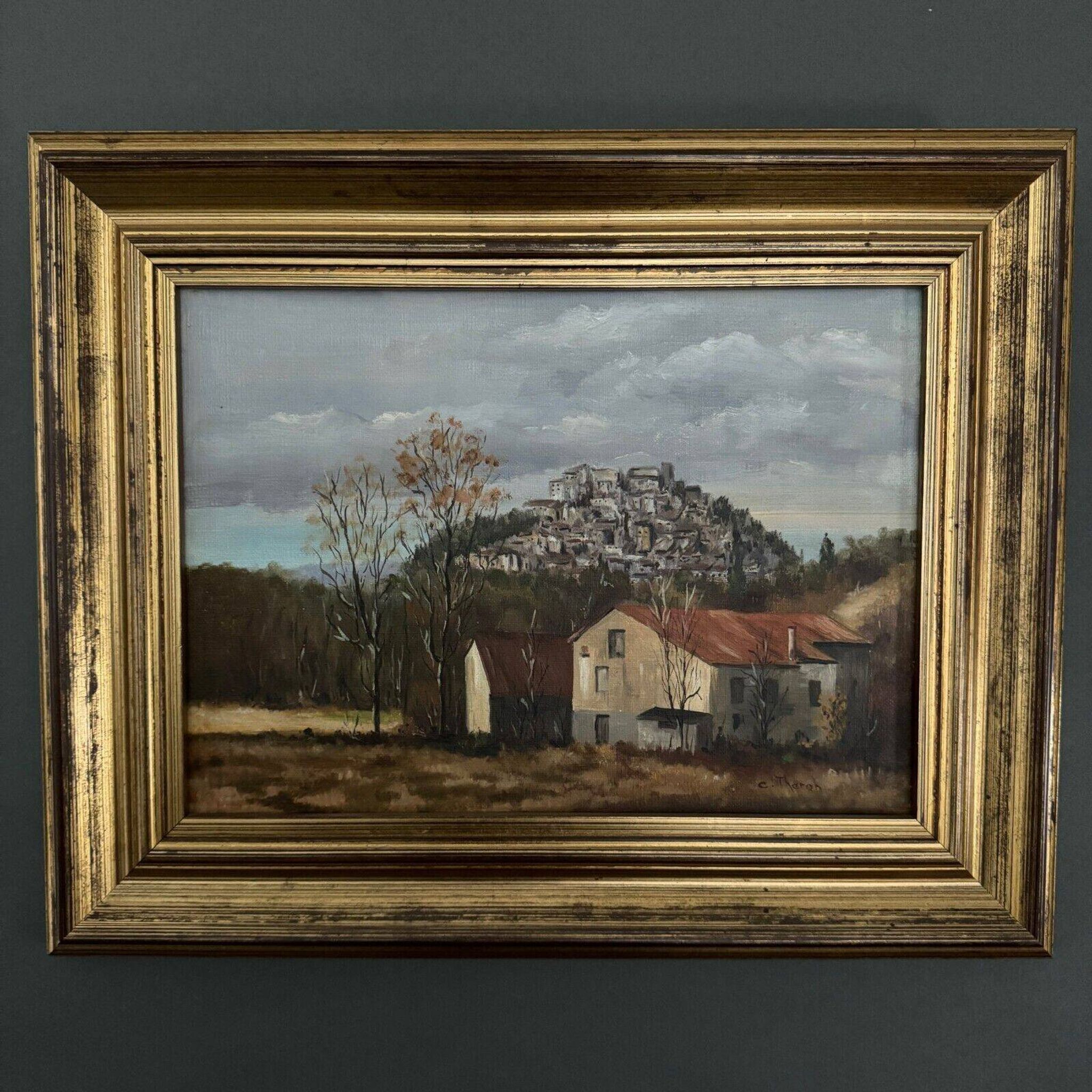 Huile sur toile par C. Theron Cordes-sur-Ciel Tarn 1991