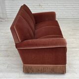 1970s, Danish 3-seater sofa, salmon pink furniture velour, beech wood.