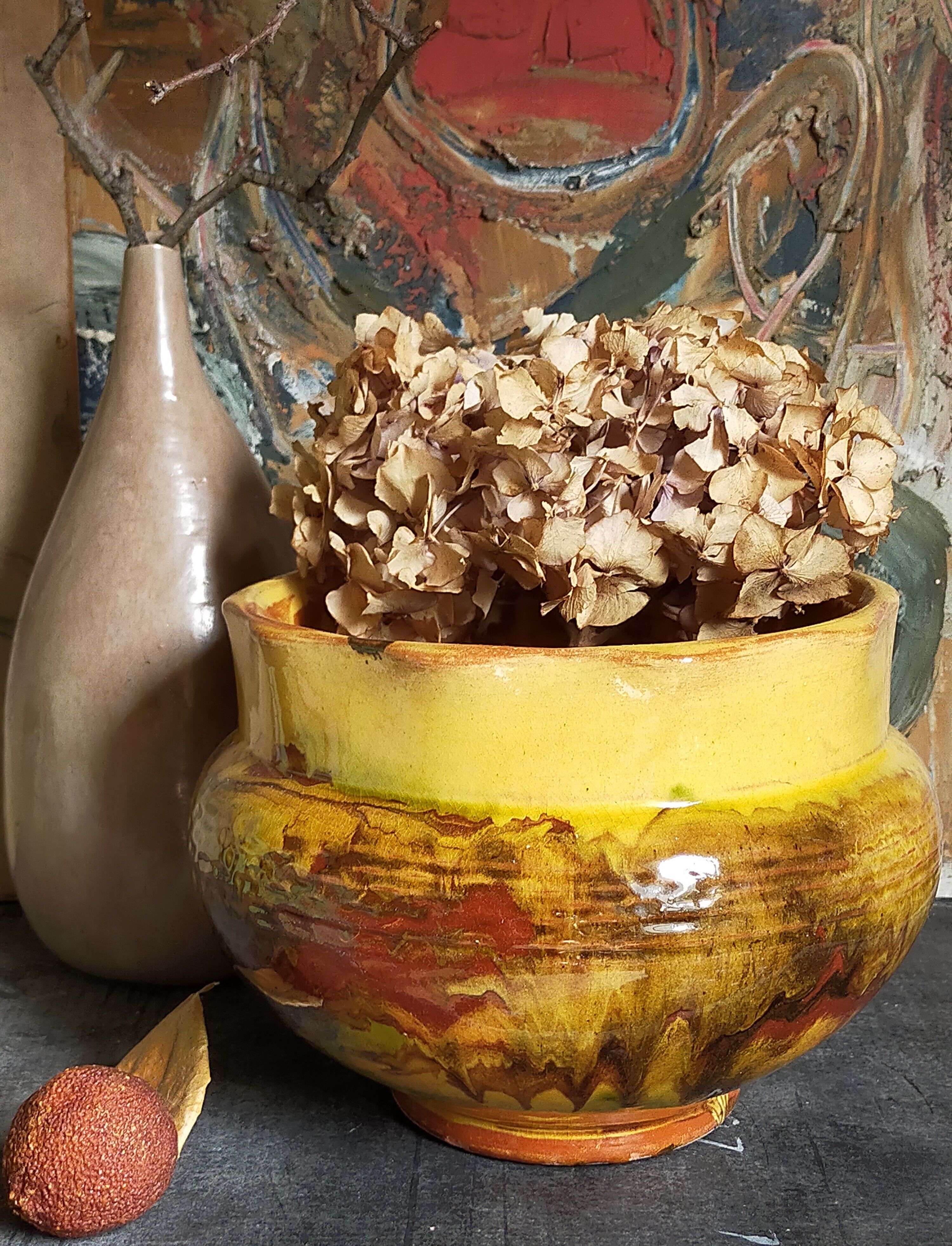 Old provencal pot cover in glazed terracotta