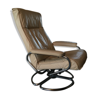 Mid-century danish leather & tubular steel swivel lounge armchair