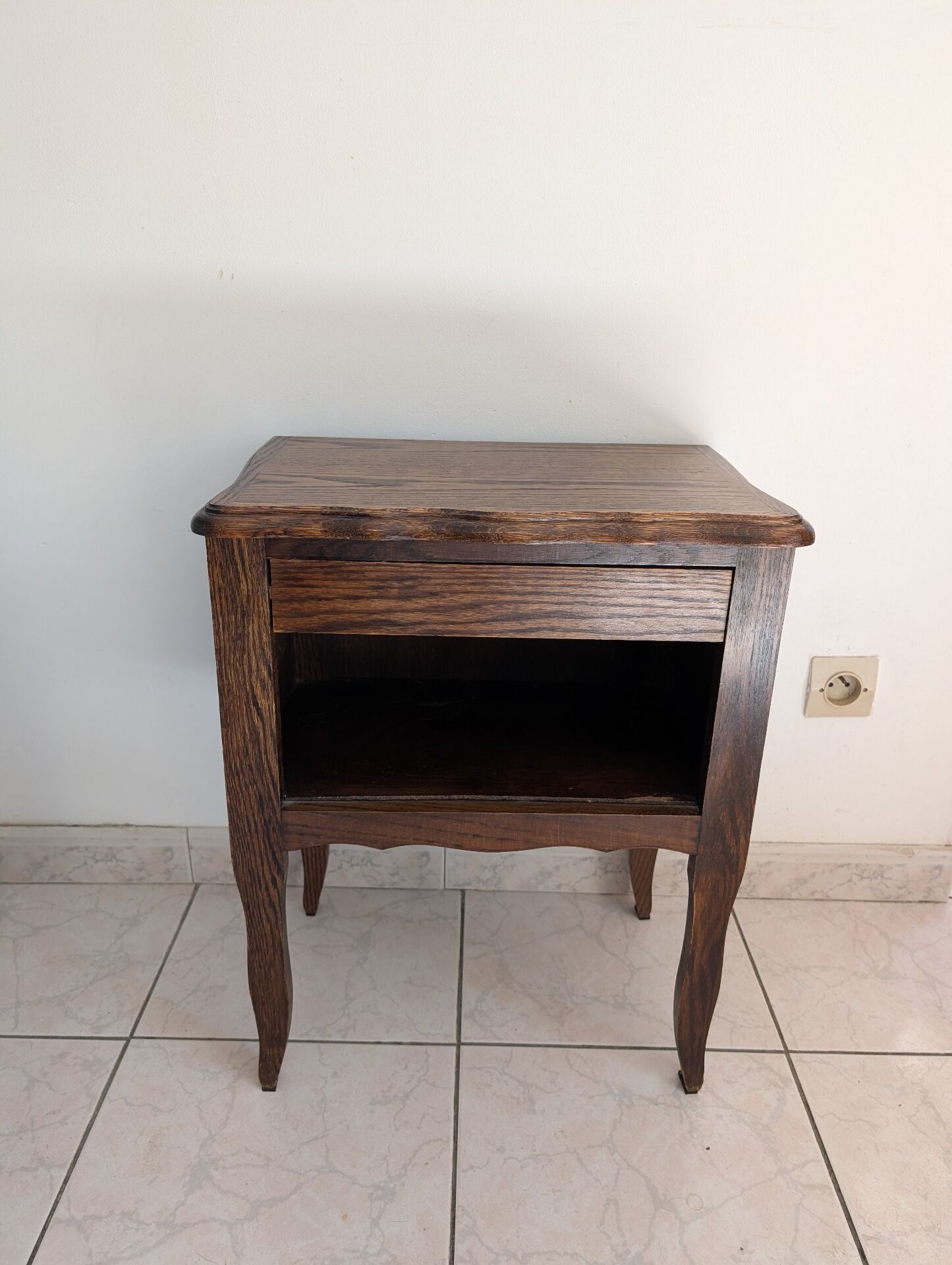 antique dark wood bedside table, cottage, bohemian, curved legs