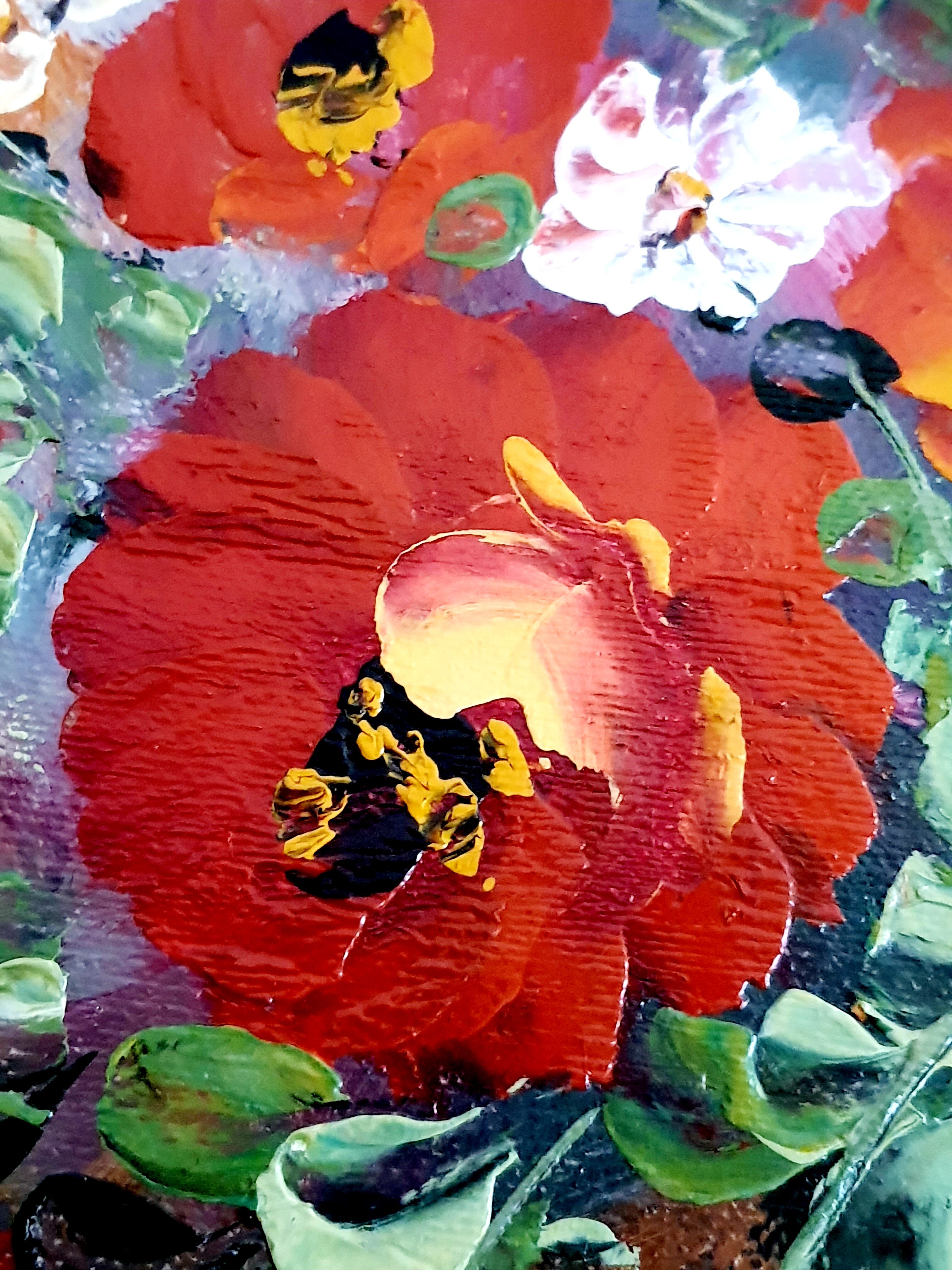 Oil on canvas bouquet of red flowers signed