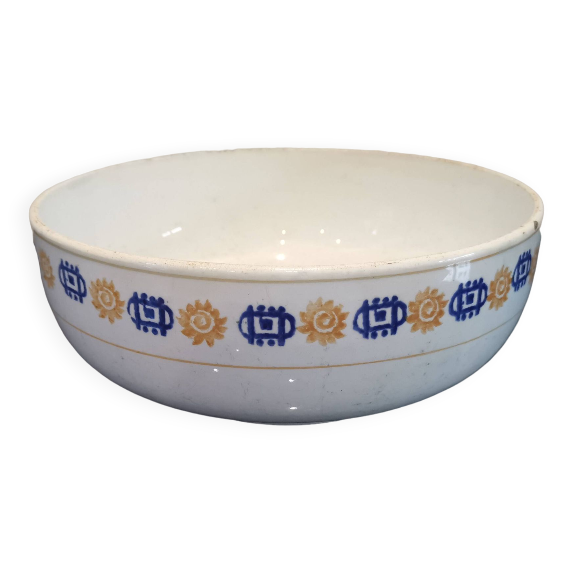 St amand beige earthenware salad bowl, yellow ocher and indigo blue frieze