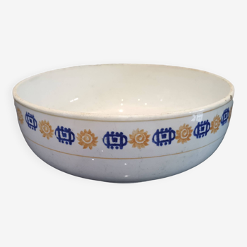 St amand beige earthenware salad bowl, yellow ocher and indigo blue frieze