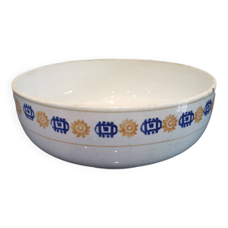 St amand beige earthenware salad bowl, yellow ocher and indigo blue frieze