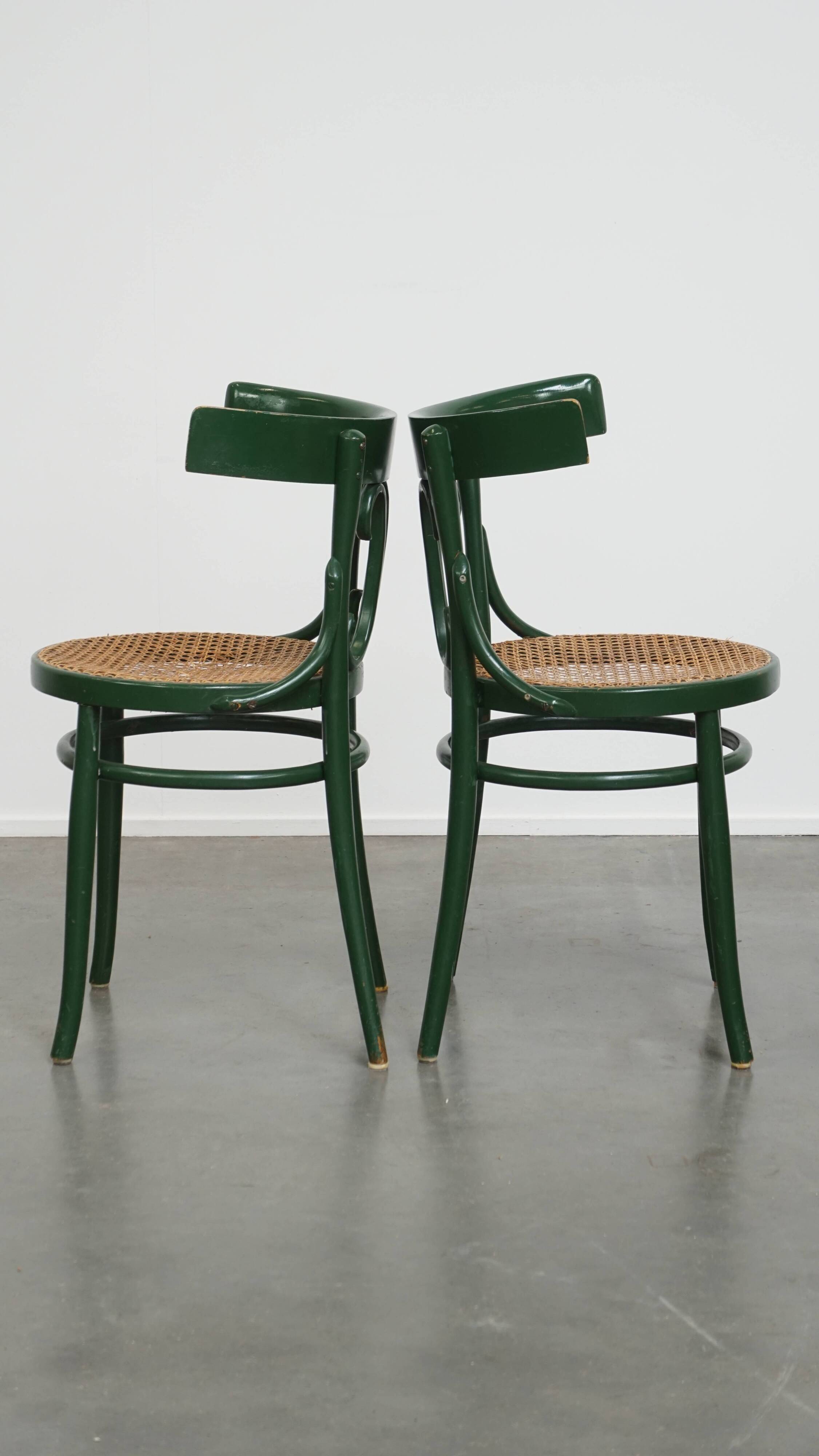 Set of 2 Green Vintage Bistro Chairs with Woven Reed Seats