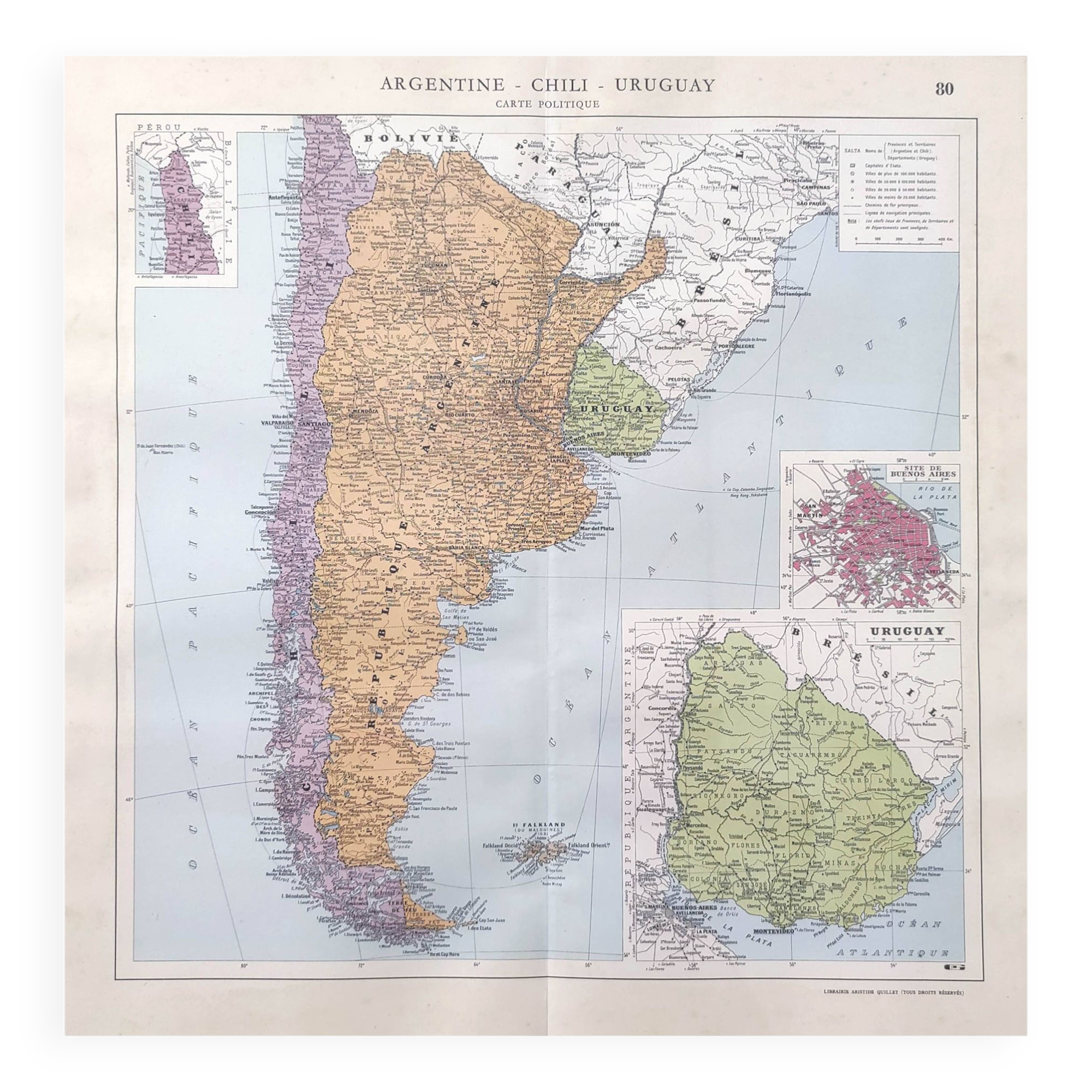 Old map of South America Argentina Chile Uruguay 43x43cm from 1950