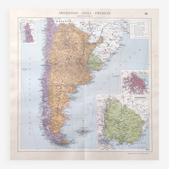 Old map South America Argentina Chile Uruguay 43x43cm from 1950