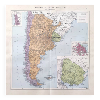 Carte ancienne Amérique du sud Argentine Chili Uruguay 43x43cm de 1950