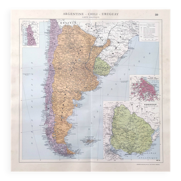 Old map South America Argentina Chile Uruguay 43x43cm from 1950