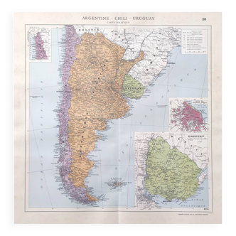 Old map South America Argentina Chile Uruguay 43x43cm from 1950