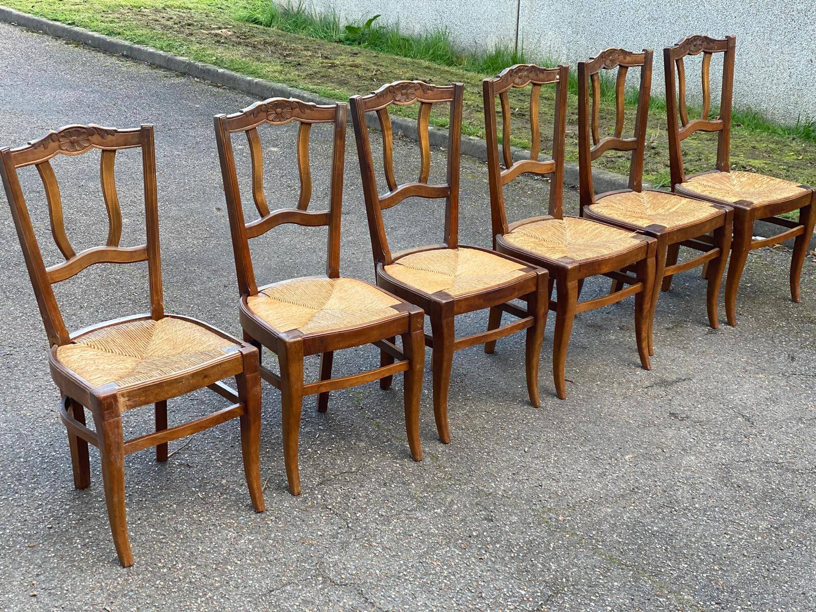 6 vintage solid oak wood dining room chairs with art deco straw
