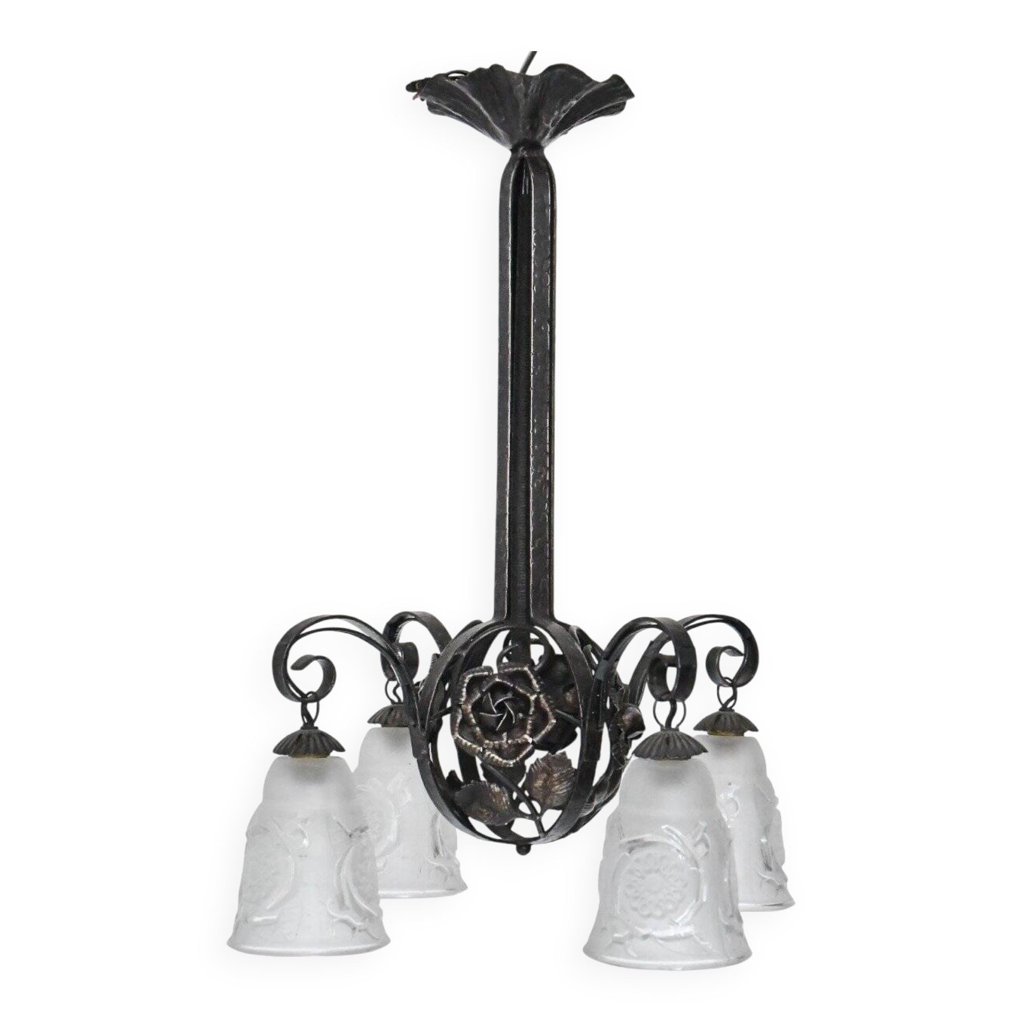 Art Deco style chandelier in molded glass and wrought iron frame