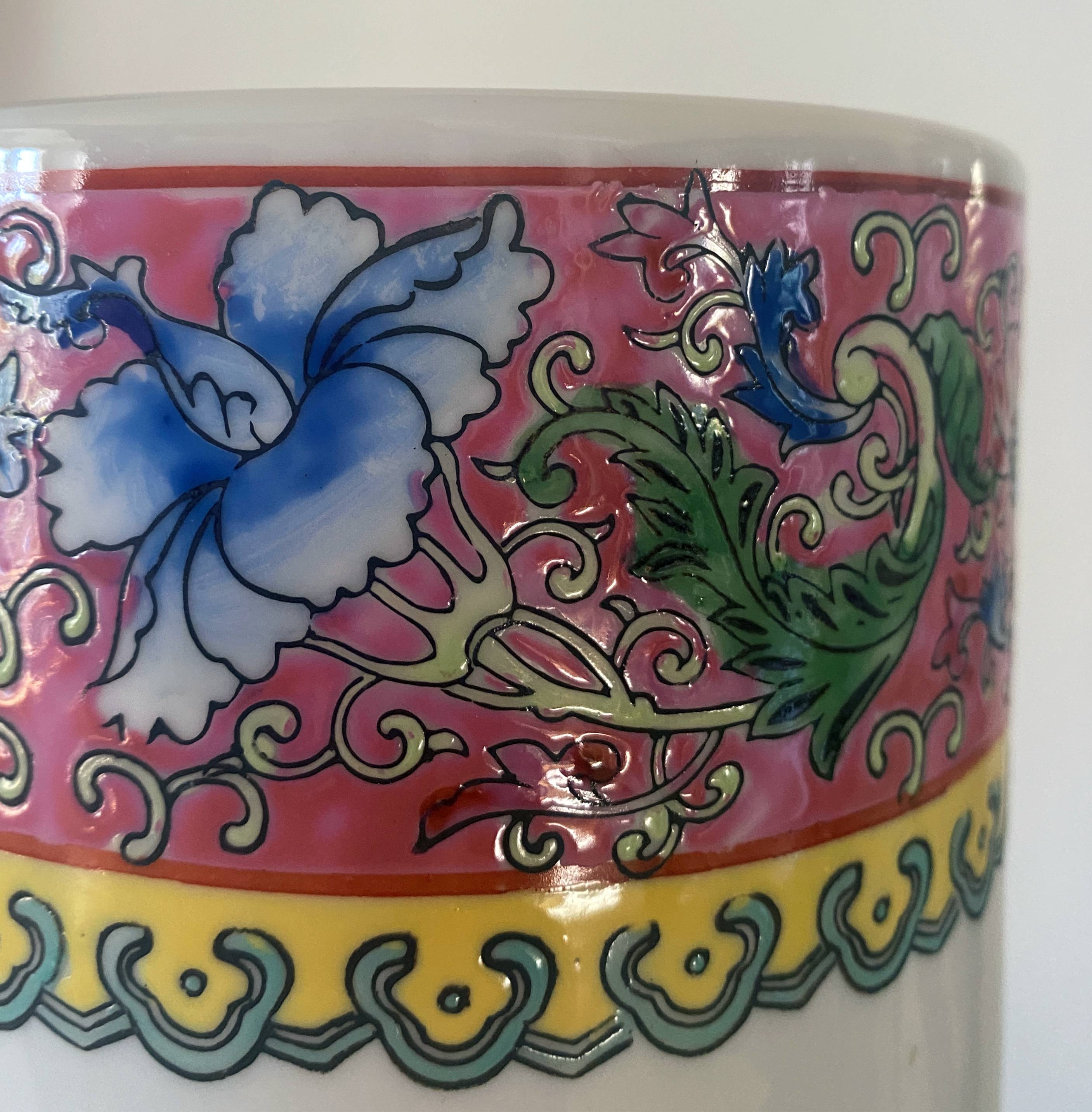 Vase enamelled ceramic roll china decorations of flowers birds Signed