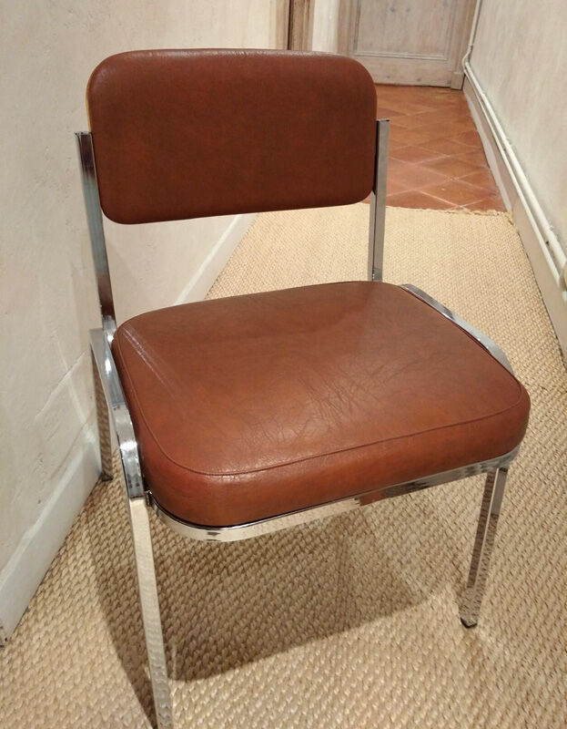 Set of 4 chairs chrome and skaï brown 70s