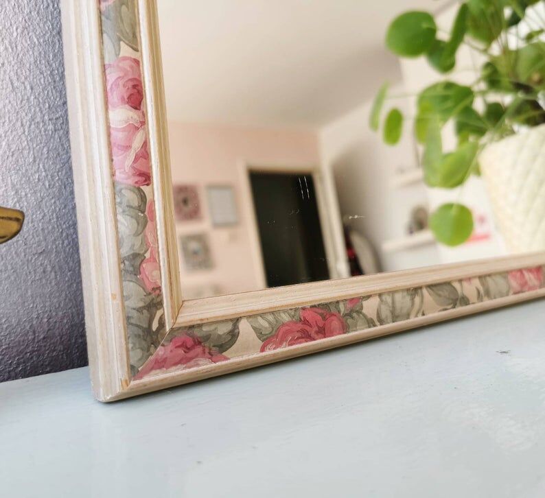Vintage floral wooden mirror 80s 34x49cm