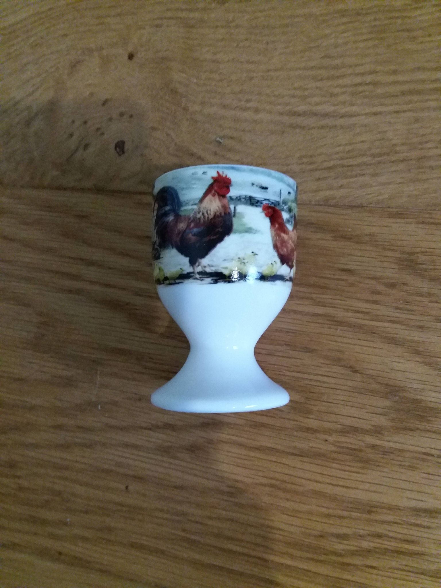 Coquetier faience blanche decoration hen rooster and chicks