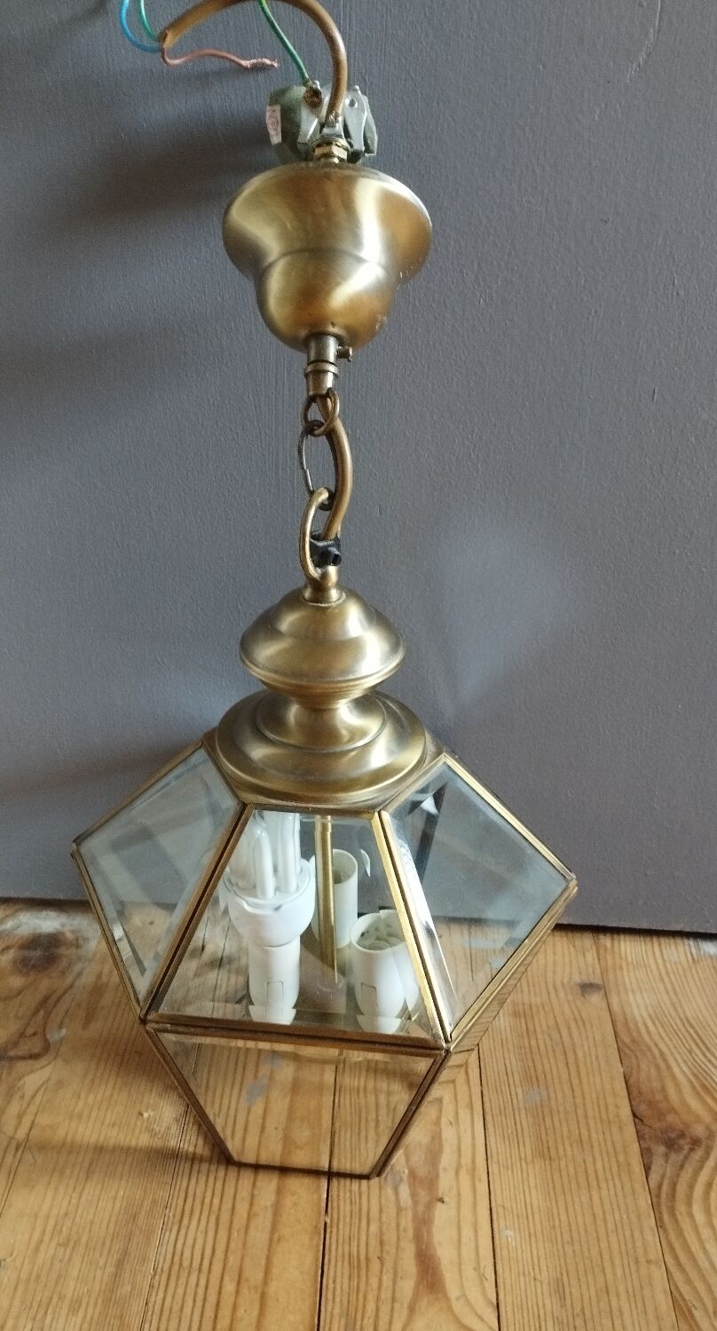 Lanterne suspendue 6 faces verre biseauté et laiton
