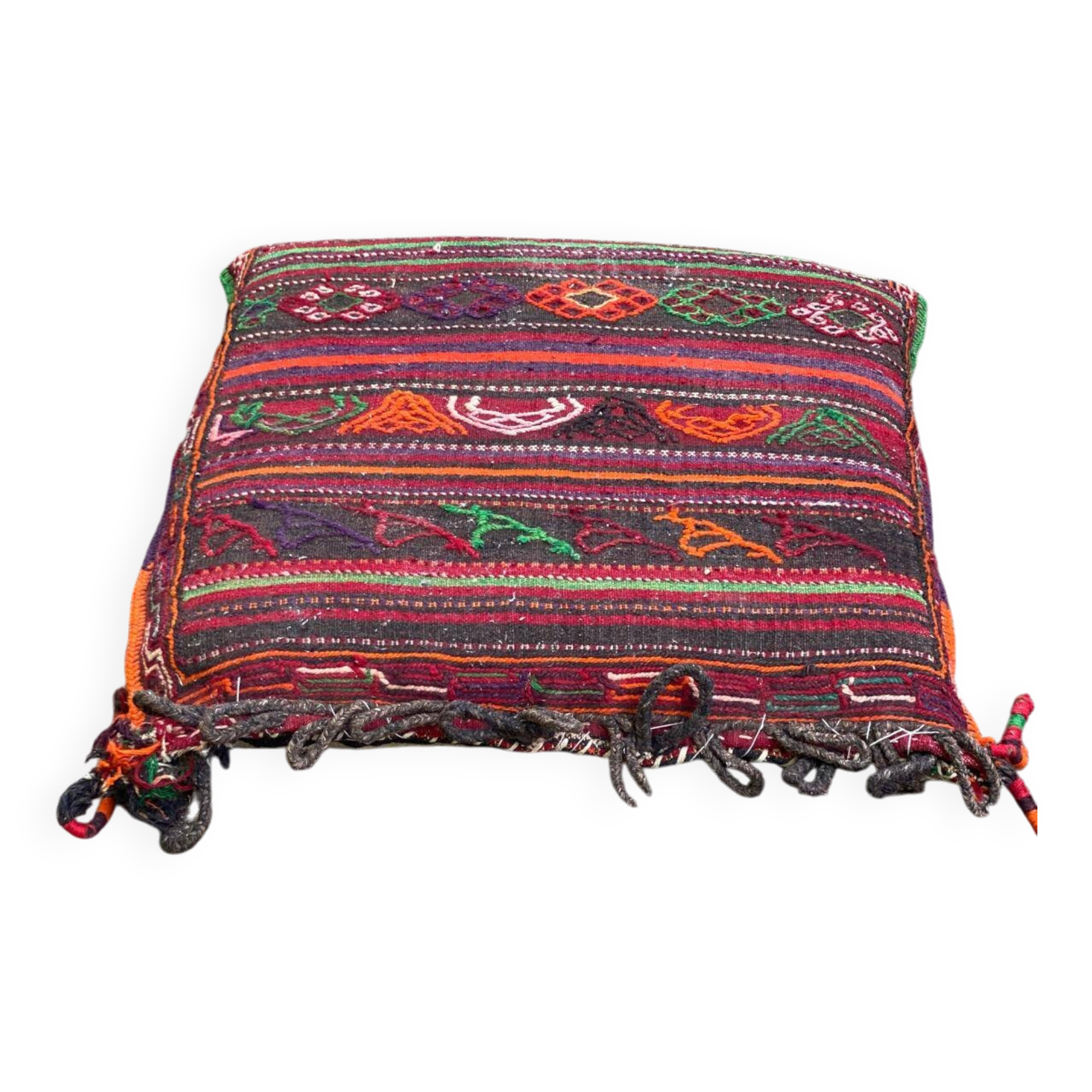 Burgundy wool Persian kilim pouf