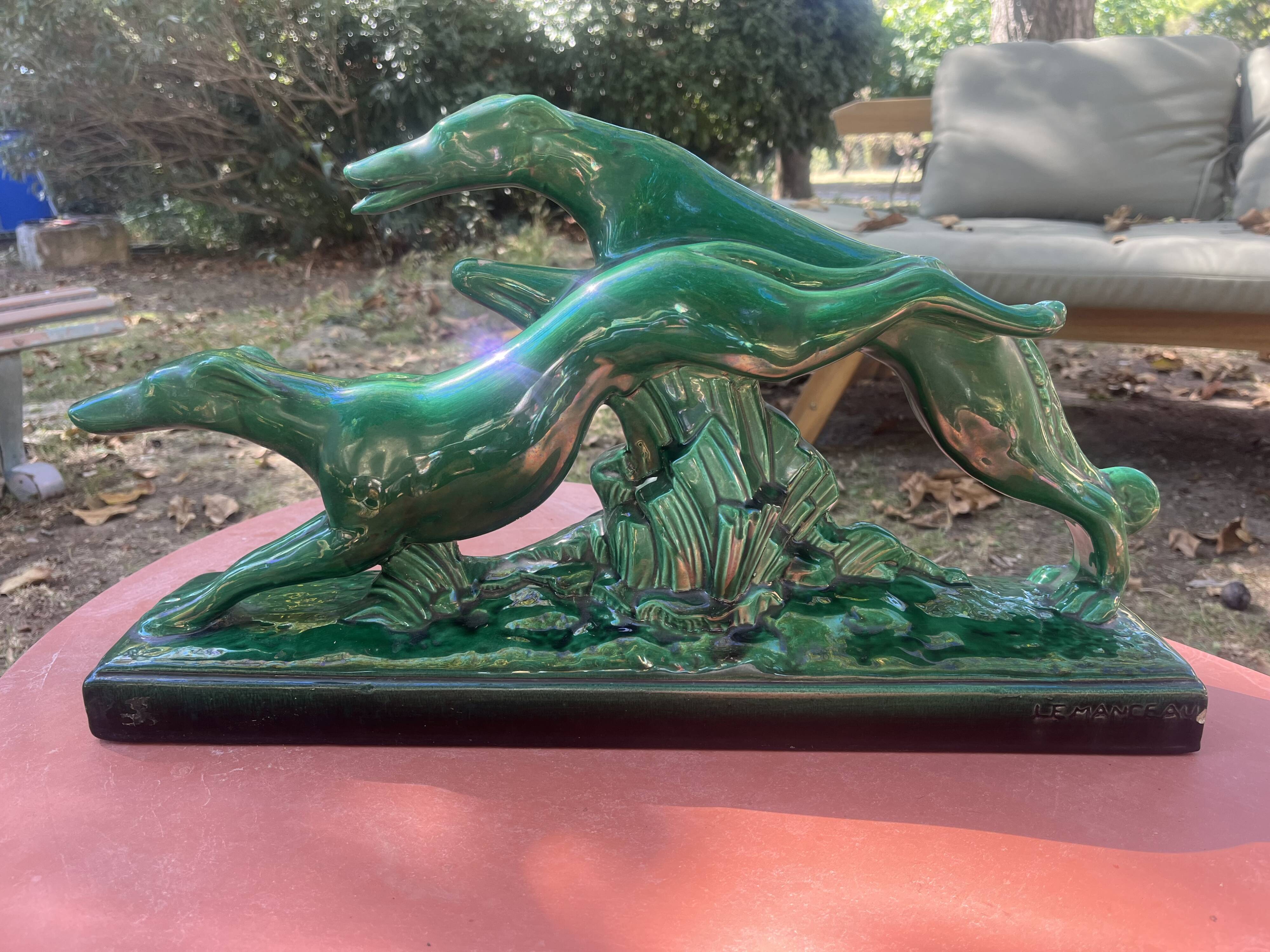 Art Deco sculpture by Charles Lemanceau, Two Greyhounds, Saint Radegonde.