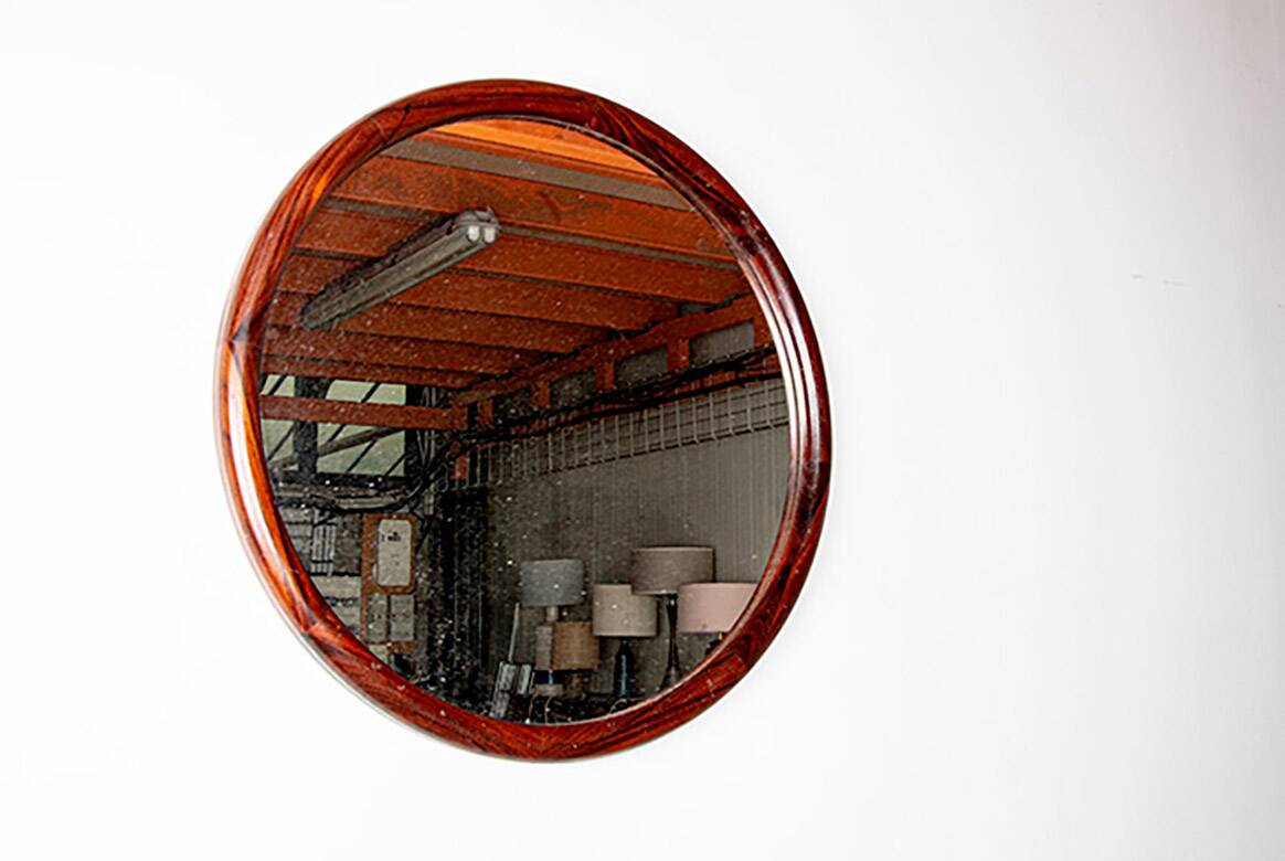Large round Danish rosewood mirror by Vildbjerg Mobelfabrik 1960.