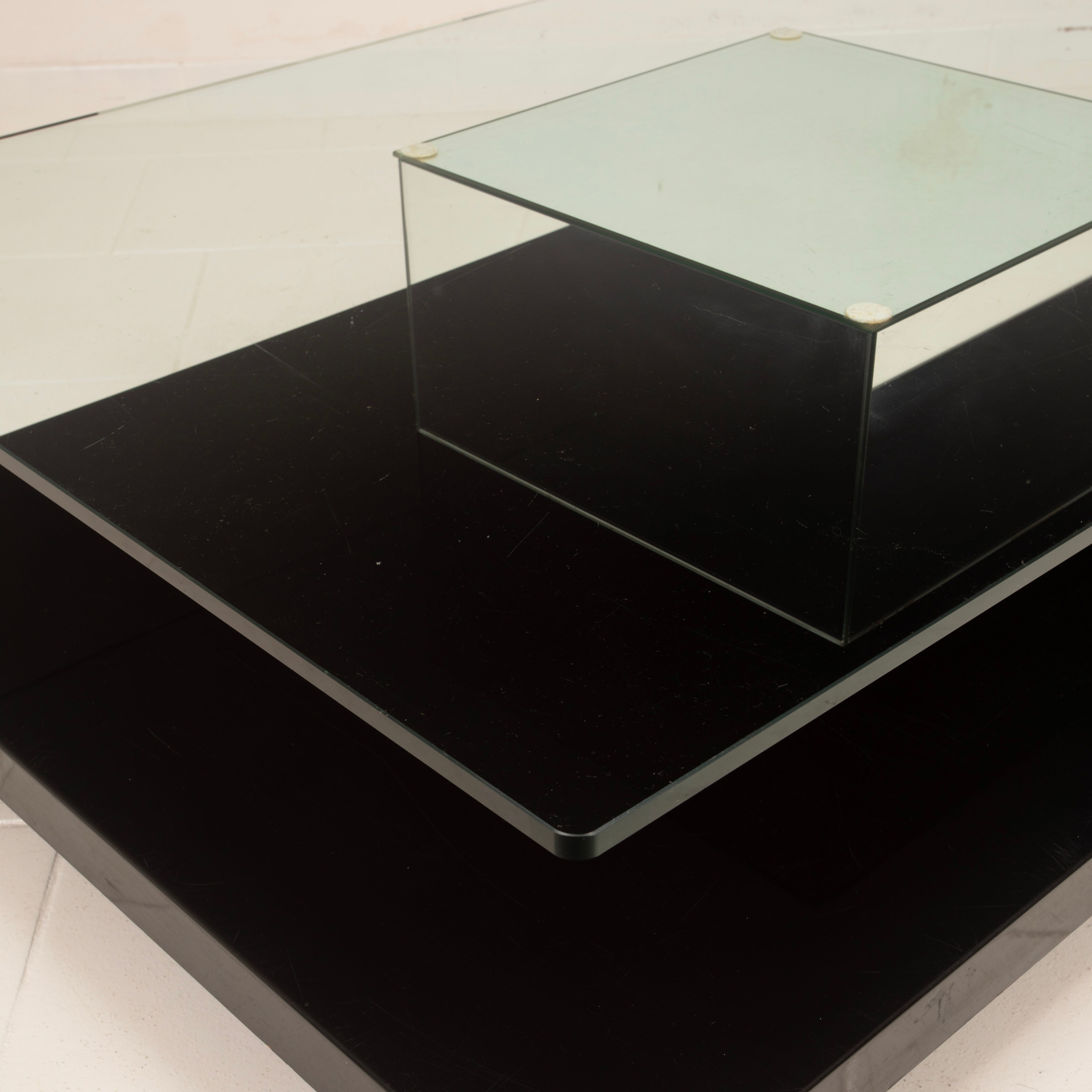 Cidue Mid Century Italian Black Lacquer, Mirror and Glass Coffee Table 1970