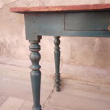 Old side table, desk, 1 drawer, blue patina aubusson