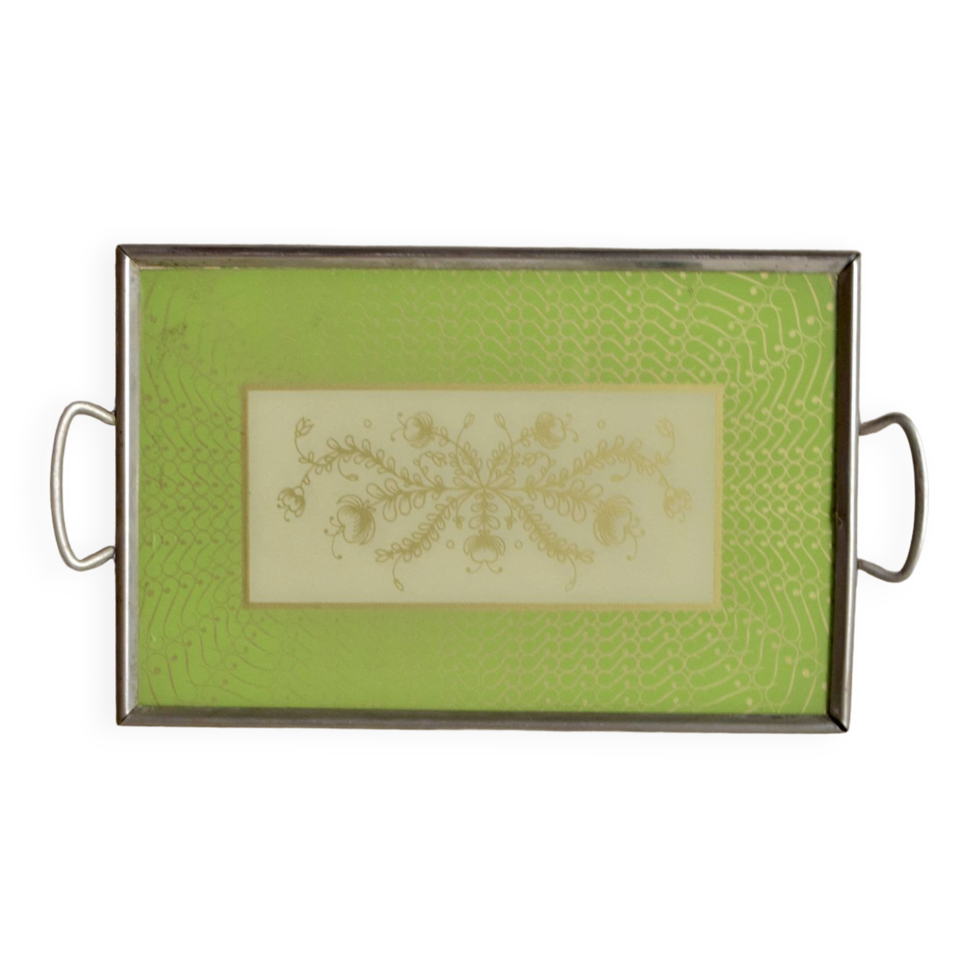 Old glass and metal serving tray - hand-painted floral decoration