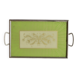 Old glass and metal serving tray - hand-painted floral decoration