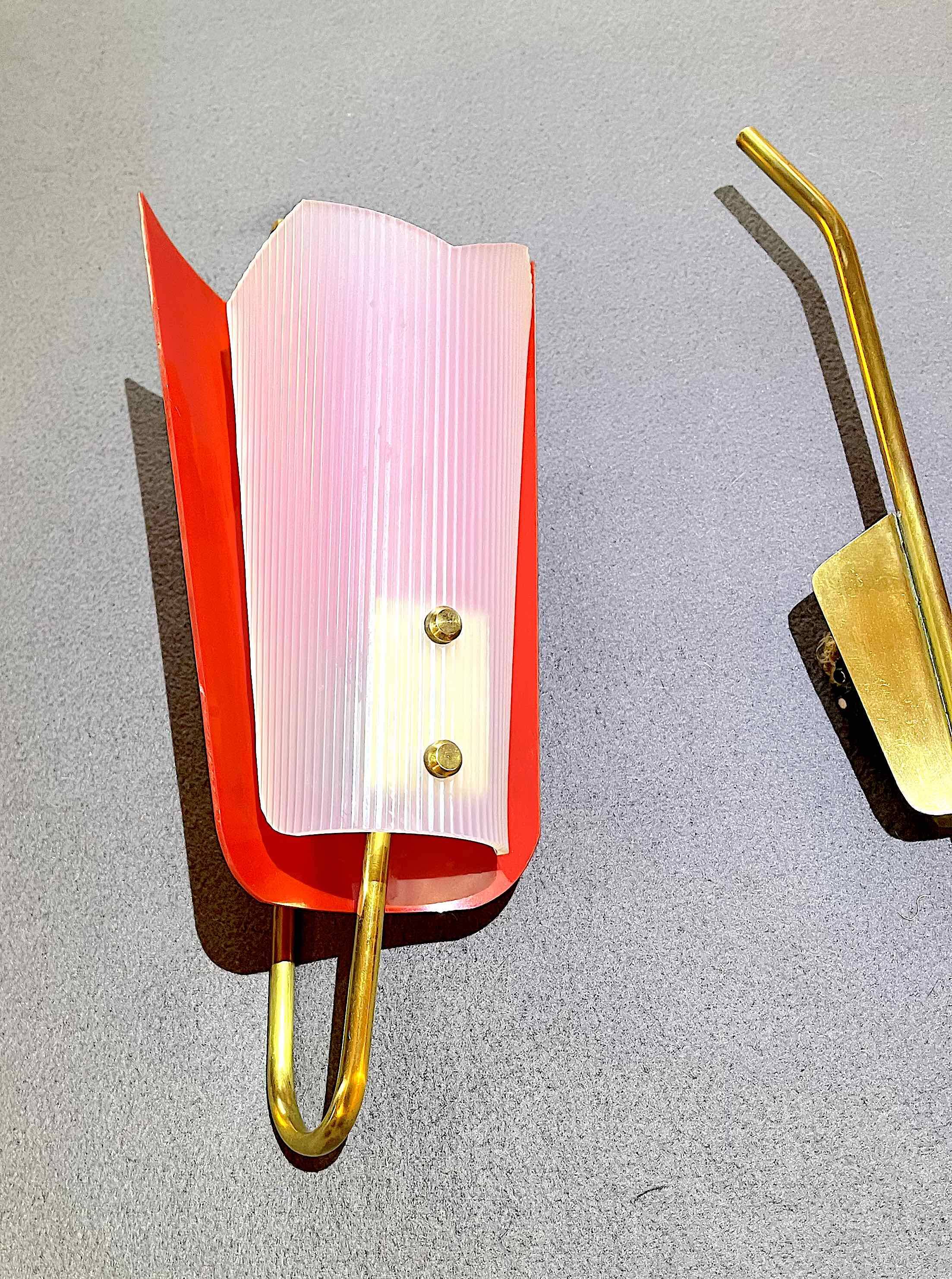 Gande Pair of Red Sconces in Brass and Pespex, Italy, Mid-Century