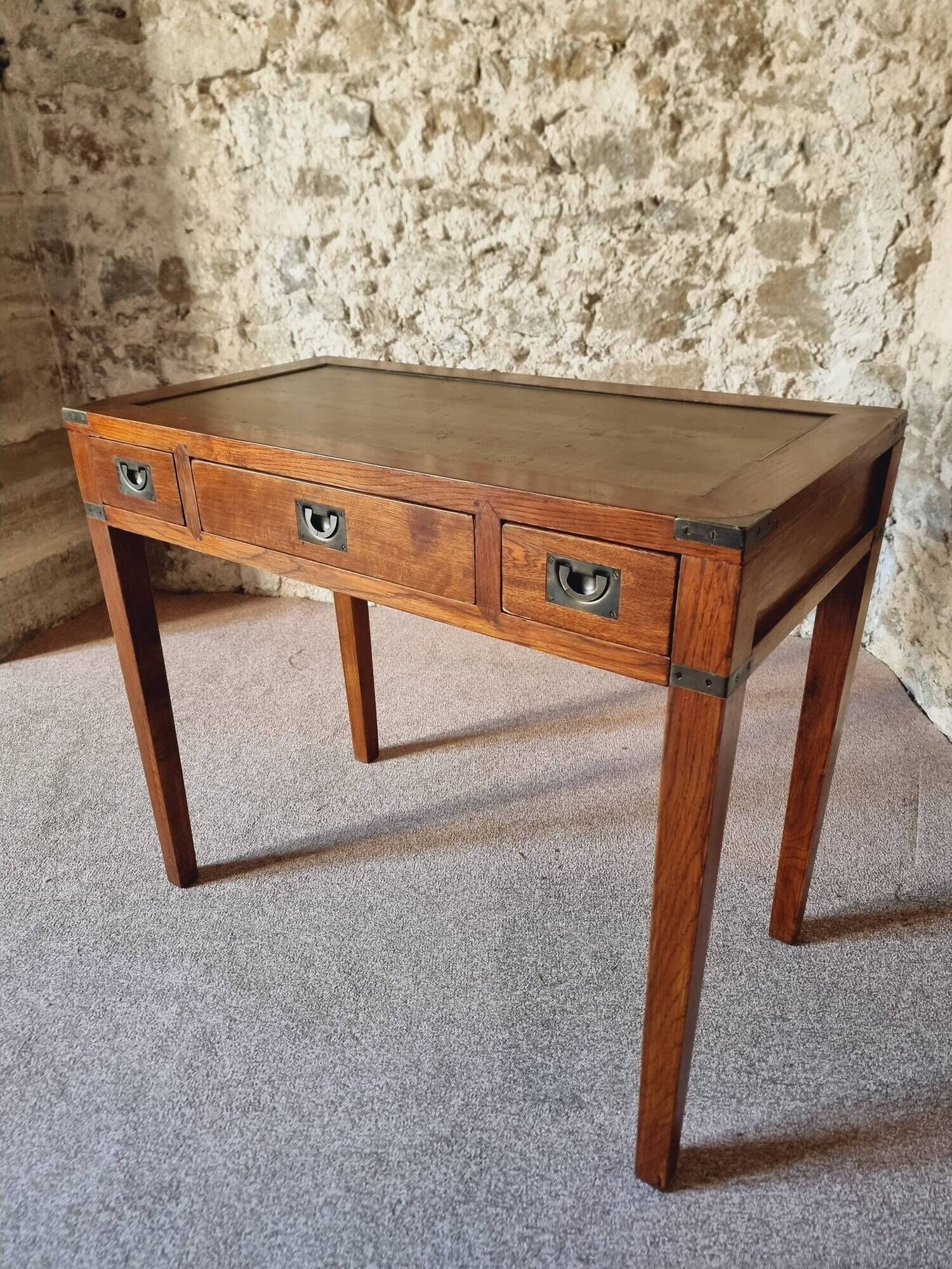 Vintage oak desk – 1970s – Green leather top and 3 drawers