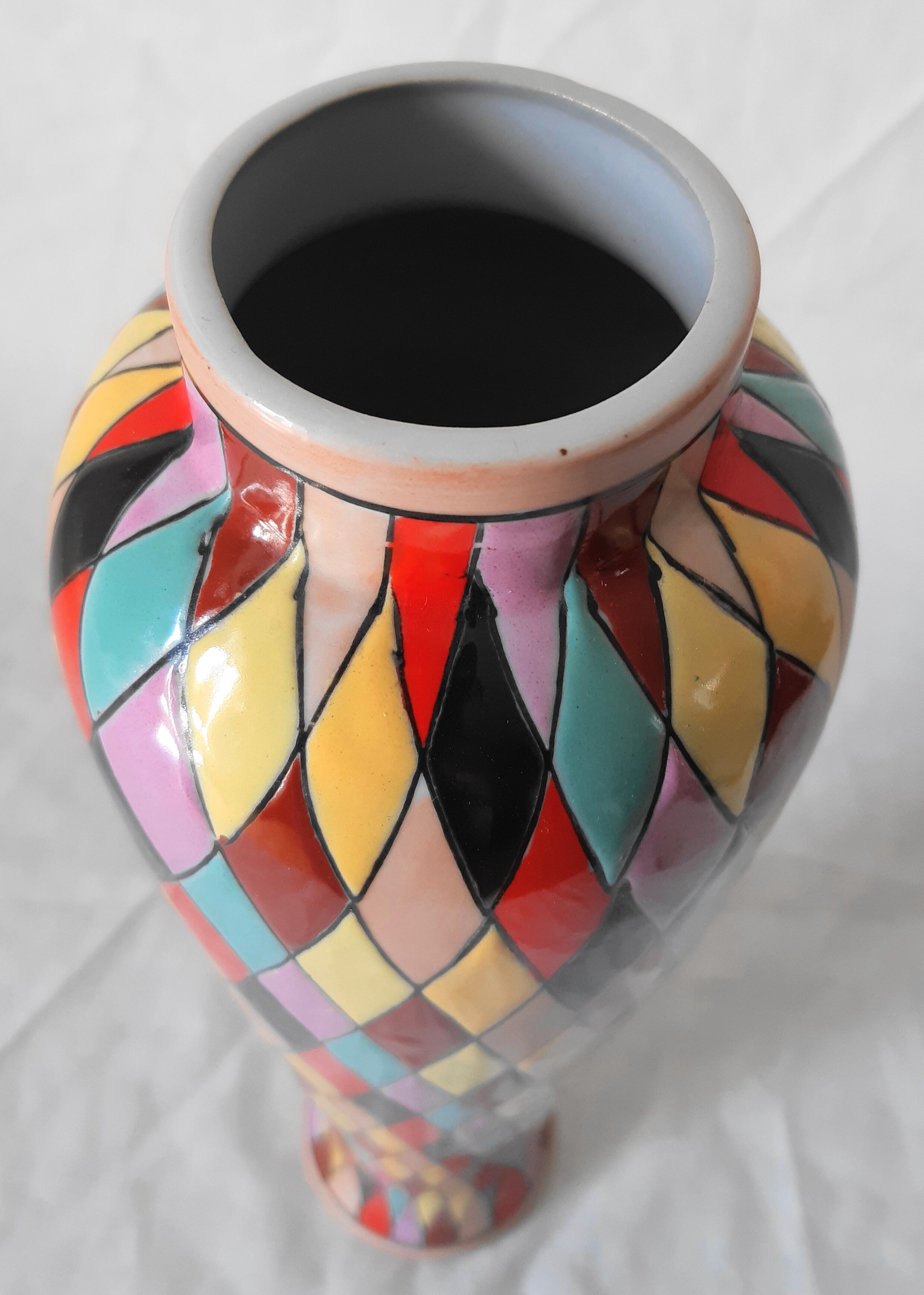 Italian ceramic vase with harlequin decor from the 50s
