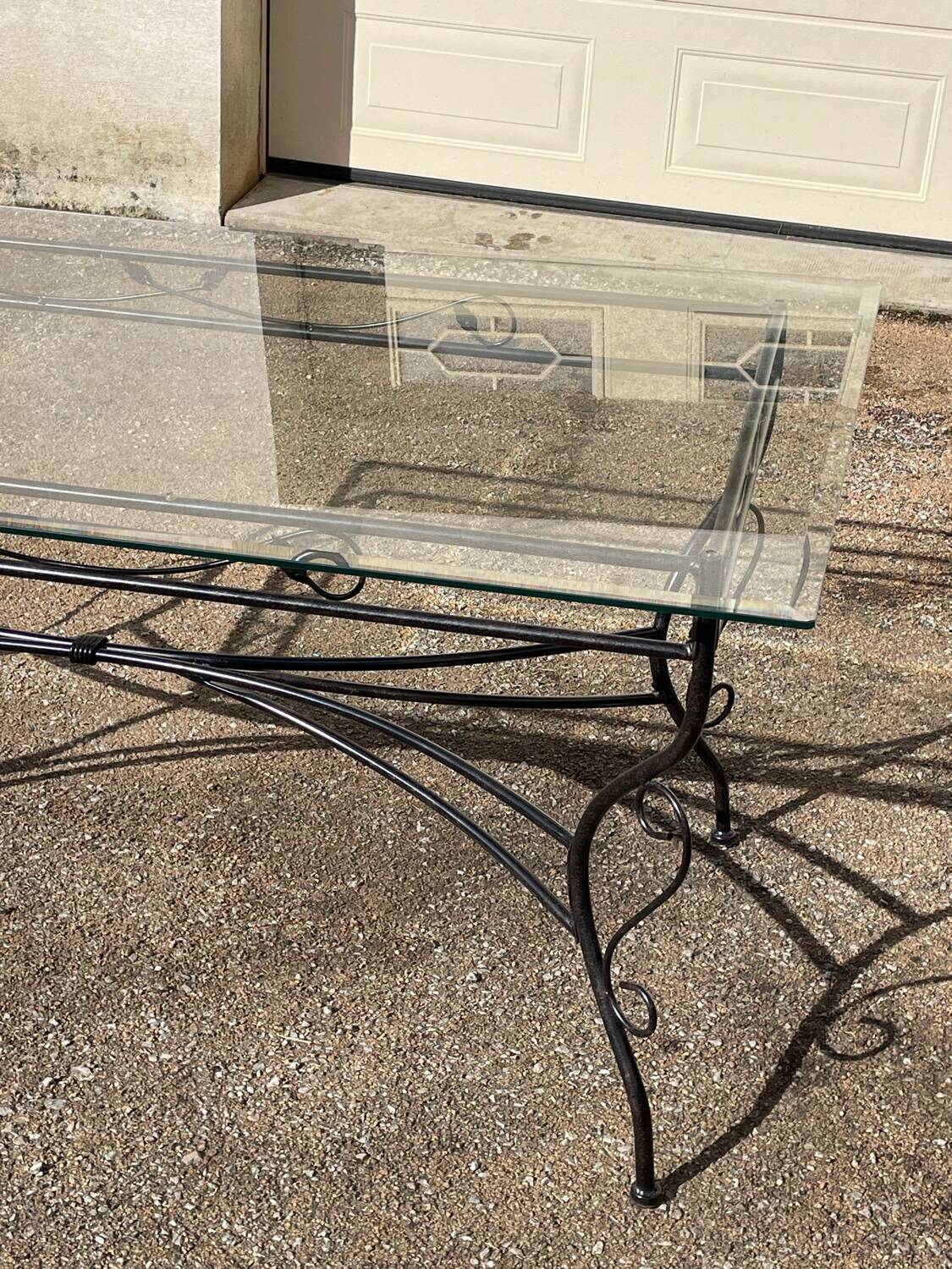 Glass and iron table with two side tables and 8 chairs