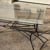 Glass and iron table with two side tables and 8 chairs