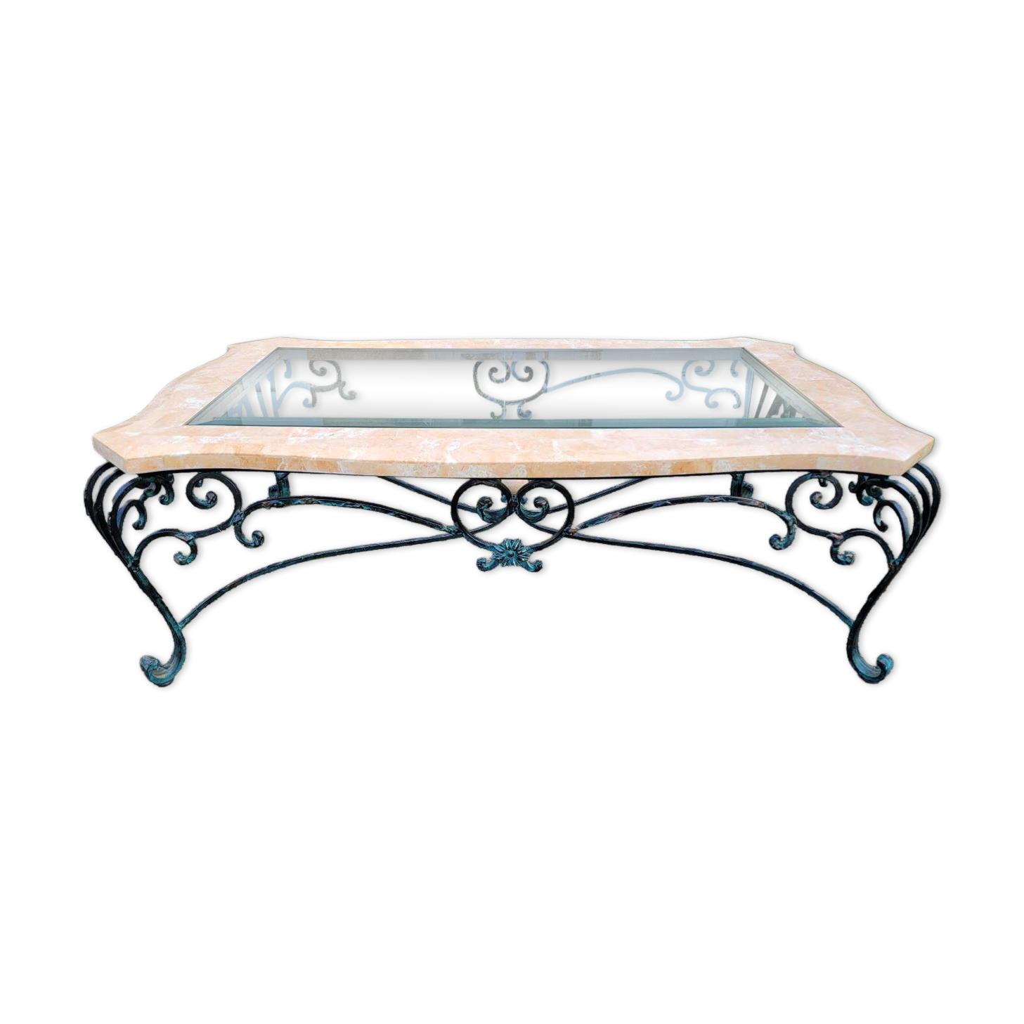Pink marble and wrought iron coffee table