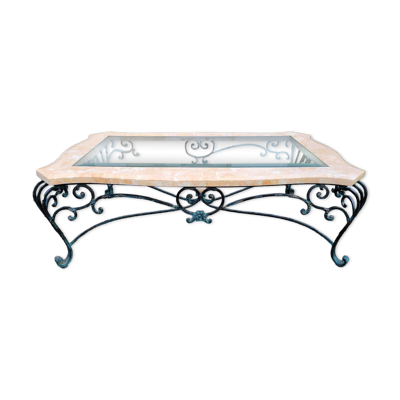 Table basse marbre rose et fer forgé